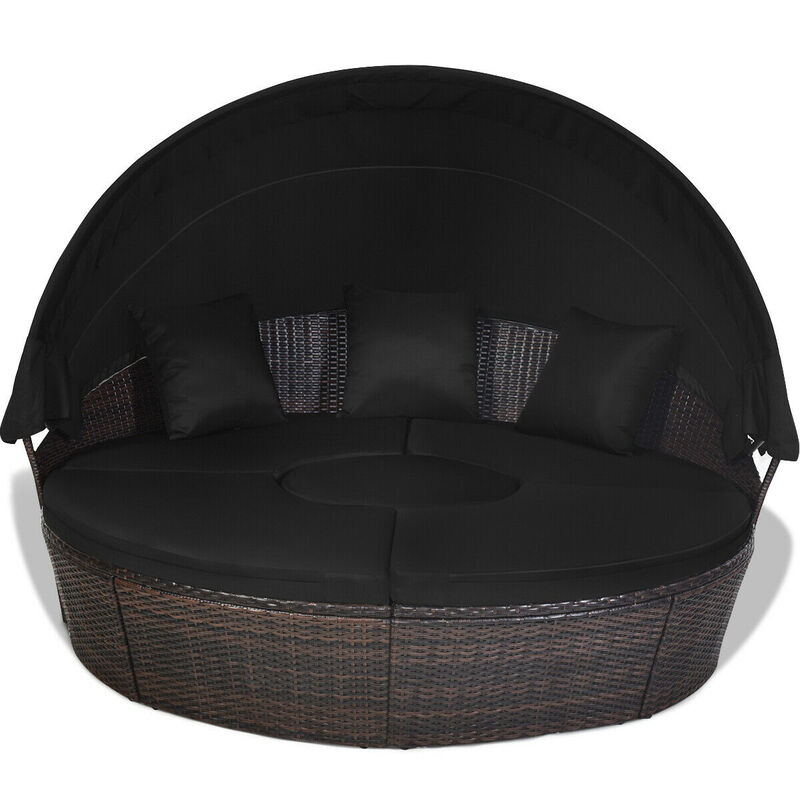 Patio Round Rattan Daybed with Retractable Canopy and Height Adjustable Coffee Table image number 0