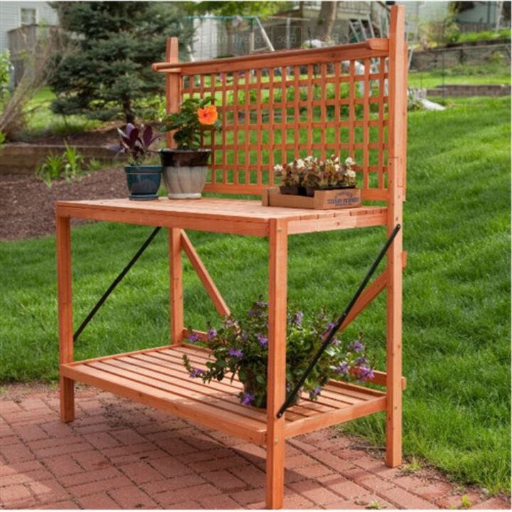 QuikFurn Outdoor Weather-Resistant Fir Wood Potting Bench Garden Table with Lattice Back