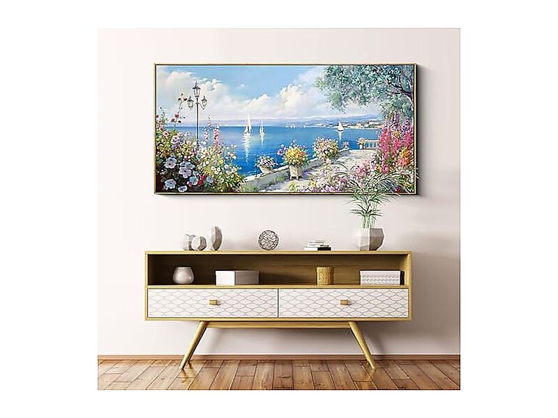 Large Coastal Wall Art Ocean Seascape Canvas Yellow Green Flowers Landscape Room image number 2