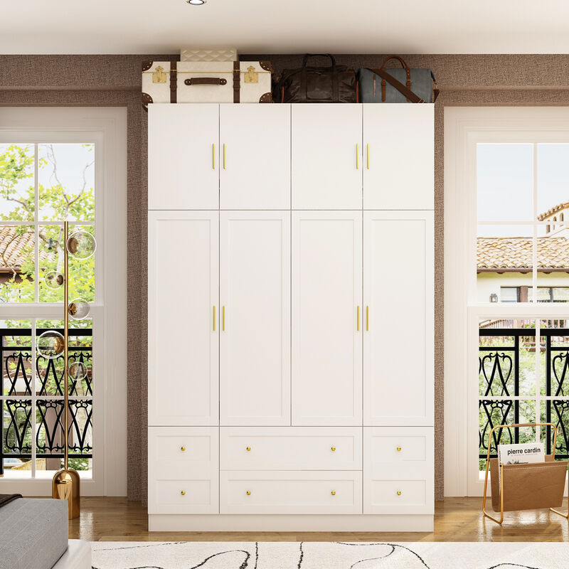 FUFU&GAGA Four-Door Wardrobe with Six Drawers and Top Cabinet (63" W x 19.7" D x 94.5" H),White