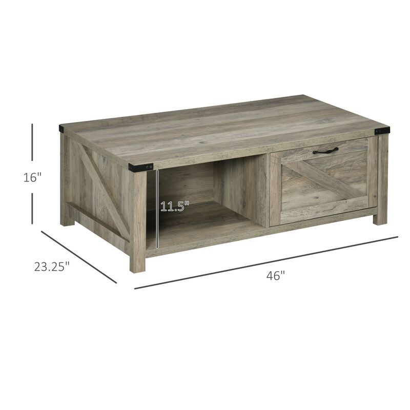 Gray Oak Living Room Table: Rustic Coffee Table with Drawer & Open Shelf