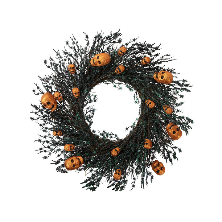 Black and Orange Skulls and Spiders Halloween Twig Wreath  22-Inch  Unlit