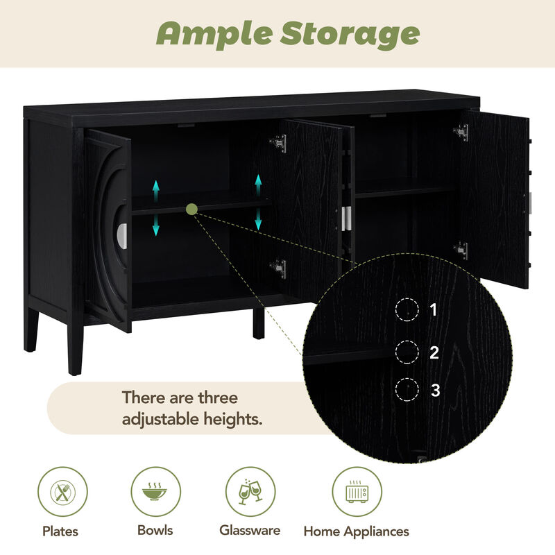 Whisen Retro Sideboard with Circular Groove Design Round Metal Door Handle - Black