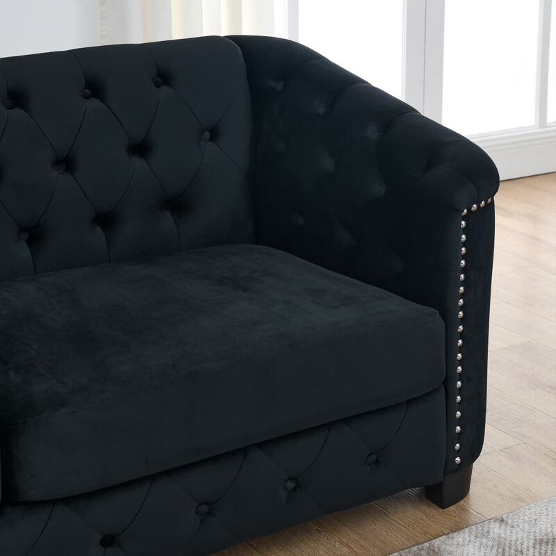 77 Inch Velvet Chesterfield Sofa, Button Tufted 3 Seater Sofa with Rolled Arms and Nailhead Trim, Upholstered Sofa with 2 Pillows image number 8