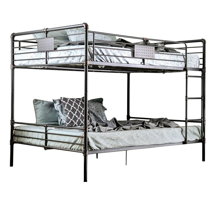 2 Tier Industrial Style Queen Size Bunk Bed with Attached Ladder, Black - Benzara