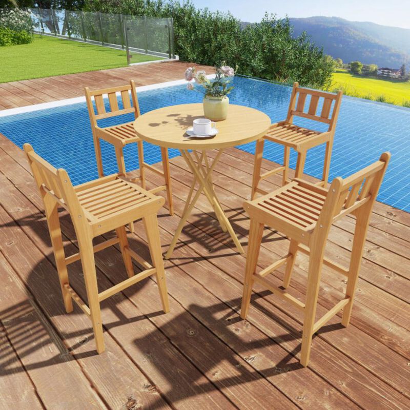 Hivvago 30 Inch Teak Wood Bar Chair with Footrest and Backrest for Deck Poolside Garden