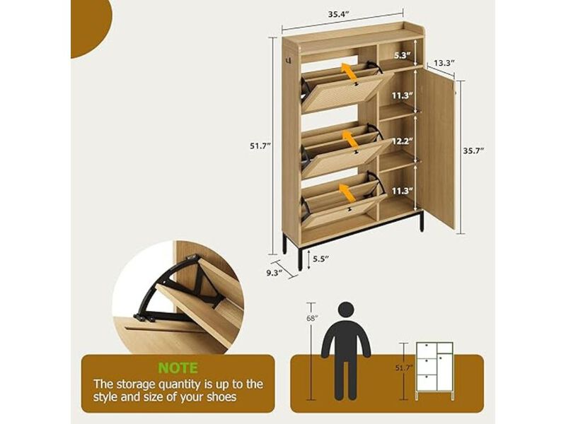Entryway Wood Shoe Storage Cabinet 4 Tier Flip Drawer Adjustable Closet Oak image number 2