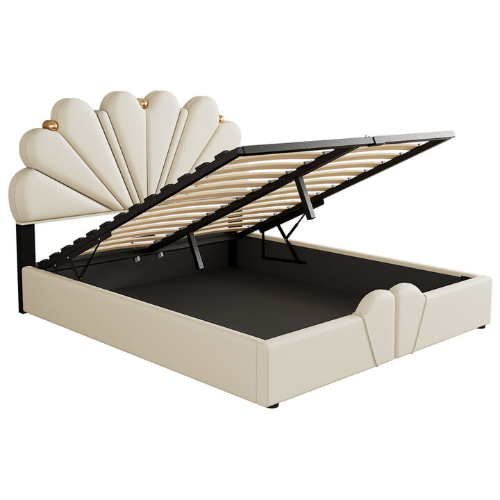 Queen Size Upholstered Petal Shaped Platform Bed with Hydraulic Storage System, PU Storage Bed, Decorated with metal balls, Beige