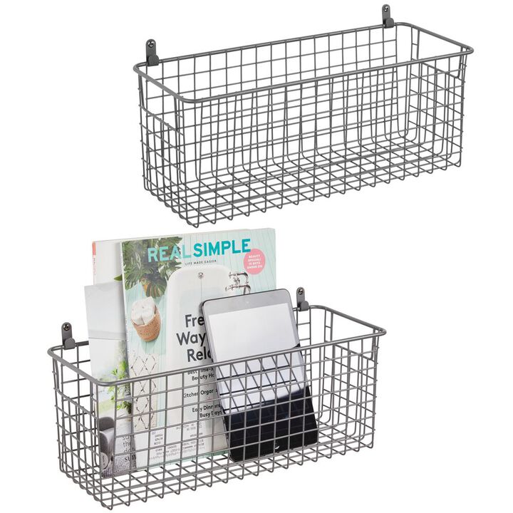 mDesign Portable Metal Wire Wall Mount Hanging Storage Basket, 2 Pack, Black