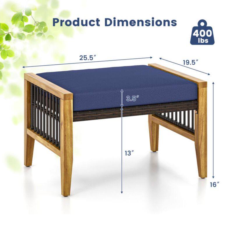 Hivvago Patio Acacia Wood Ottomans with Cushions and Versatile Rattan Woven Footstools