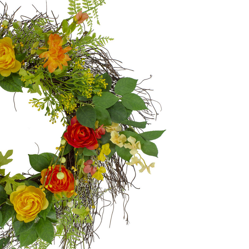Ranunculus and Rose Floral Spring Wreath  Orange and Yellow 20"