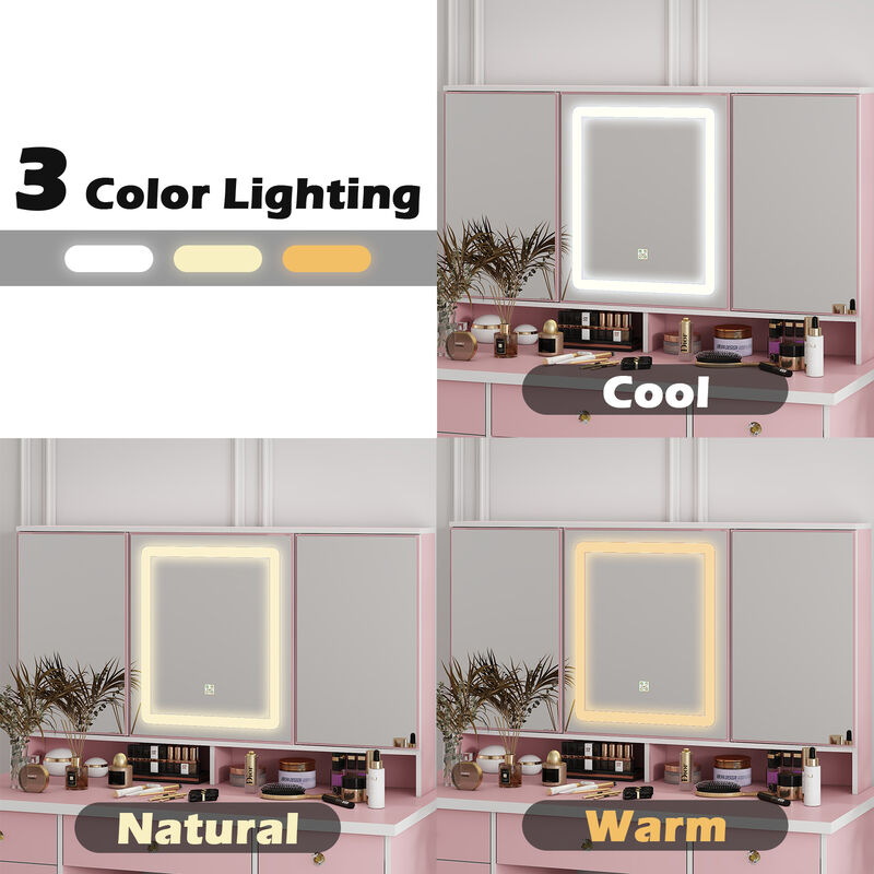 FUFU&GAGA 43.3" Pink Makeup Vanity with LED Mirror, 9 Drawers and Adjustable Storage (43.3" W x 53.9" H x 19.7" D),Pink