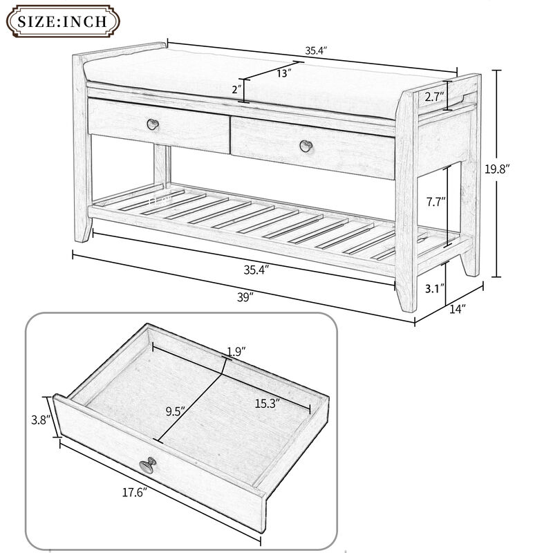 Streamdale Multipurpose Entryway Bench with Cushioned Seat and Drawers image number 8
