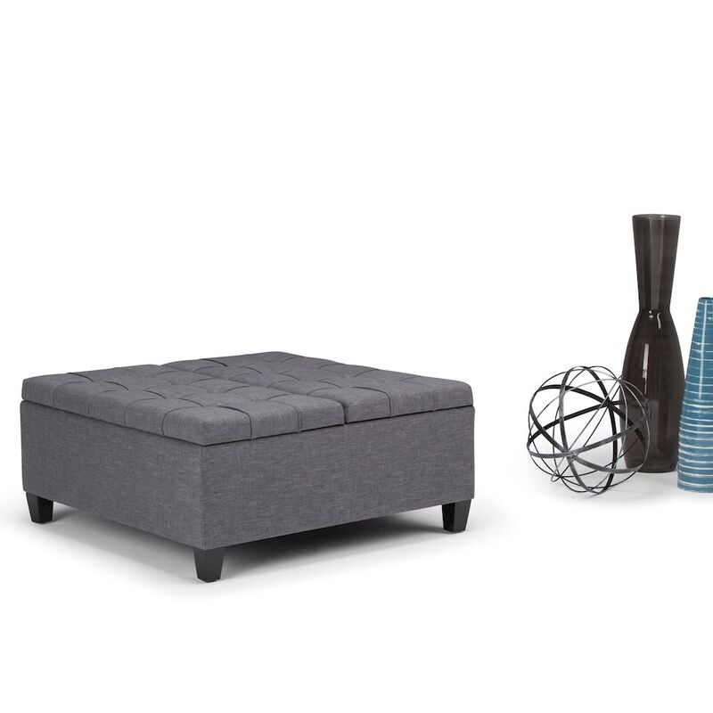 Simpli Home Harrison Coffee Table Storage Ottoman In Slate Grey Linen Look Fabric