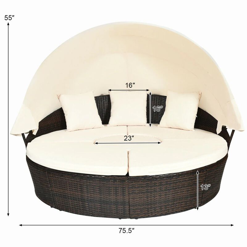 Mondawe Patio Round Rattan Daybed with Retractable Canopy and Height Adjustable Coffee Table