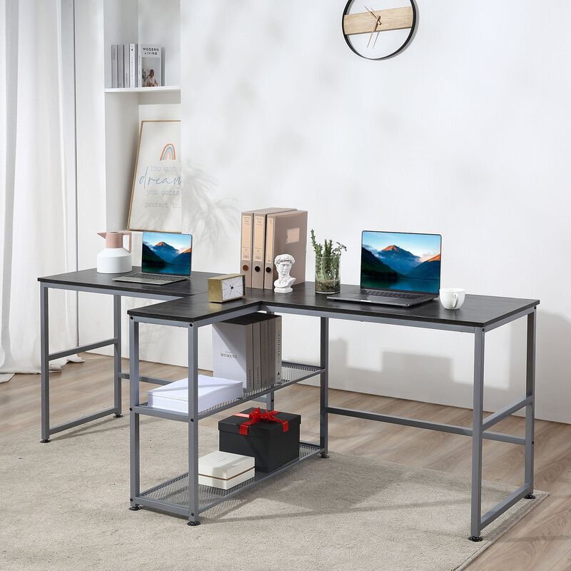 Black Shared Workspace: 83" Two Person Desk with Storage Shelf
