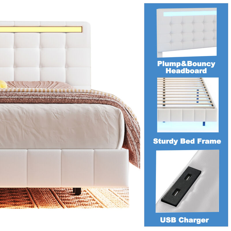 Queen Size Floating Bed Frame with LED Lights and USB Charging, Modern Upholstered Platform LED Bed Frame, White