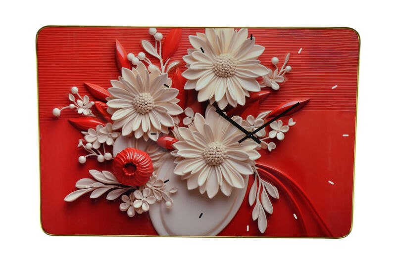 HomeRoots 24" White Red And Black Solid Wood and Acrylic Silent Analog Floral Wall Clock image number 0