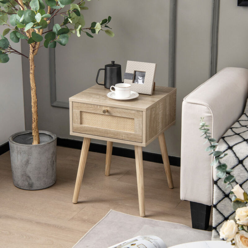 Natural Modern Rattan Nightstand Set of 2 with Drawer and Solid Wood Legs for Home image number 3