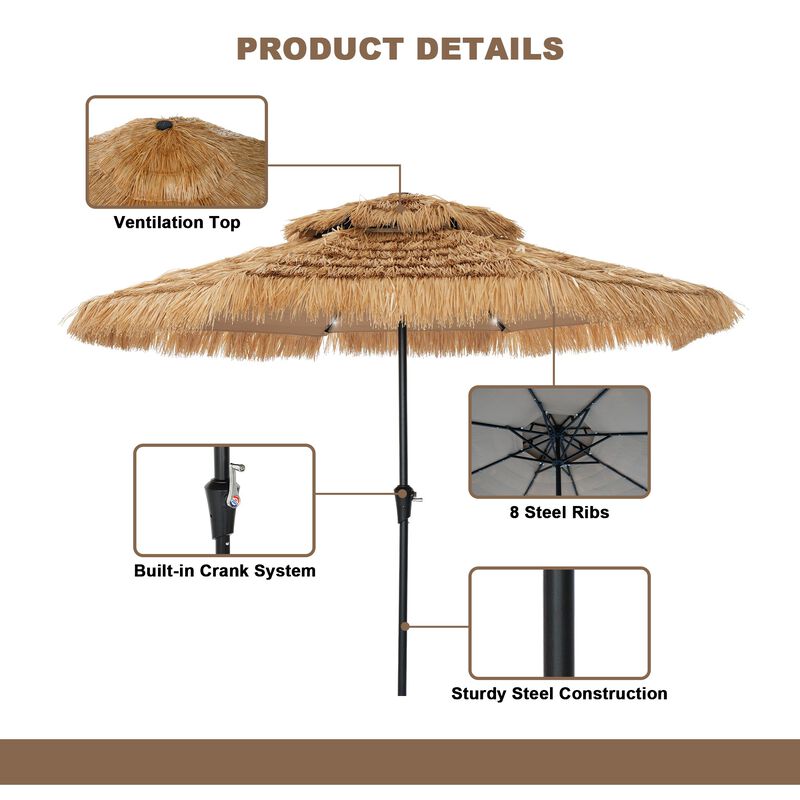 Mondawe 10 ft Hawaiian Crank Design 2 Tier Straw Patio Umbrella with LED Light & Square Based