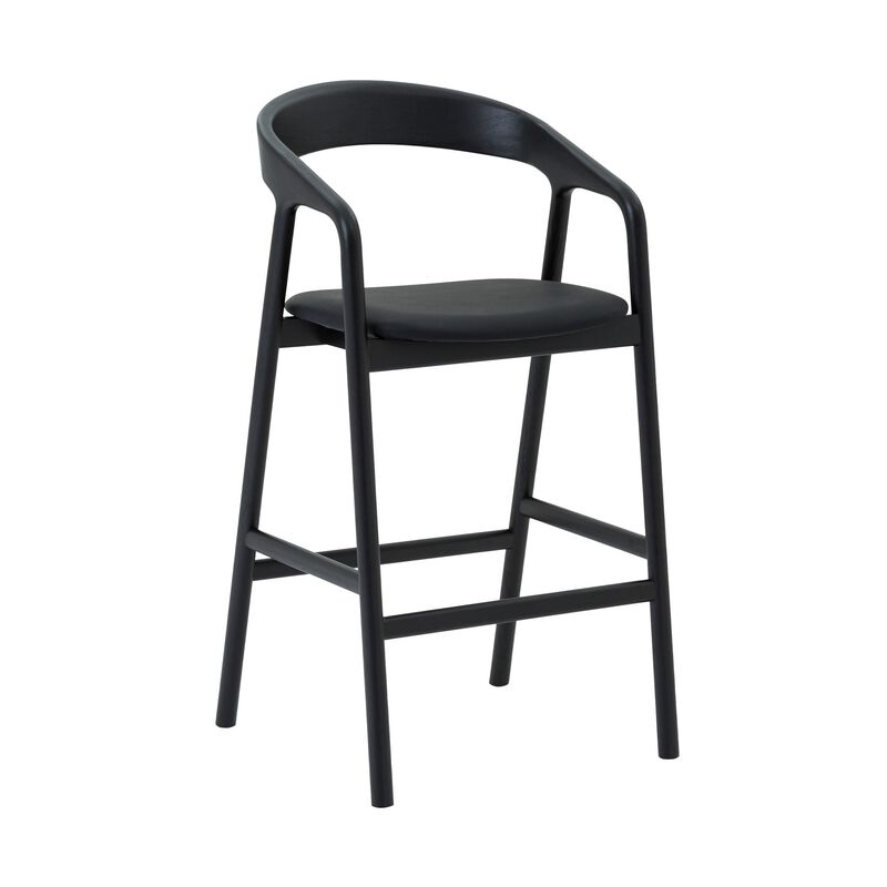 Agas Bar Stool Chair, Curved Back, Faux Leather Upholstery, Black Oak Wood - Benzara