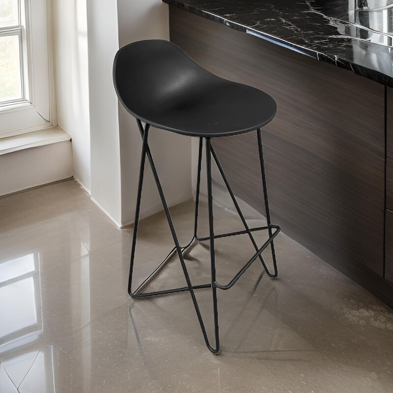 Bert 30 Inch Barstool Chair Set of 2, Low Back, Geometric Black Metal - Benzara