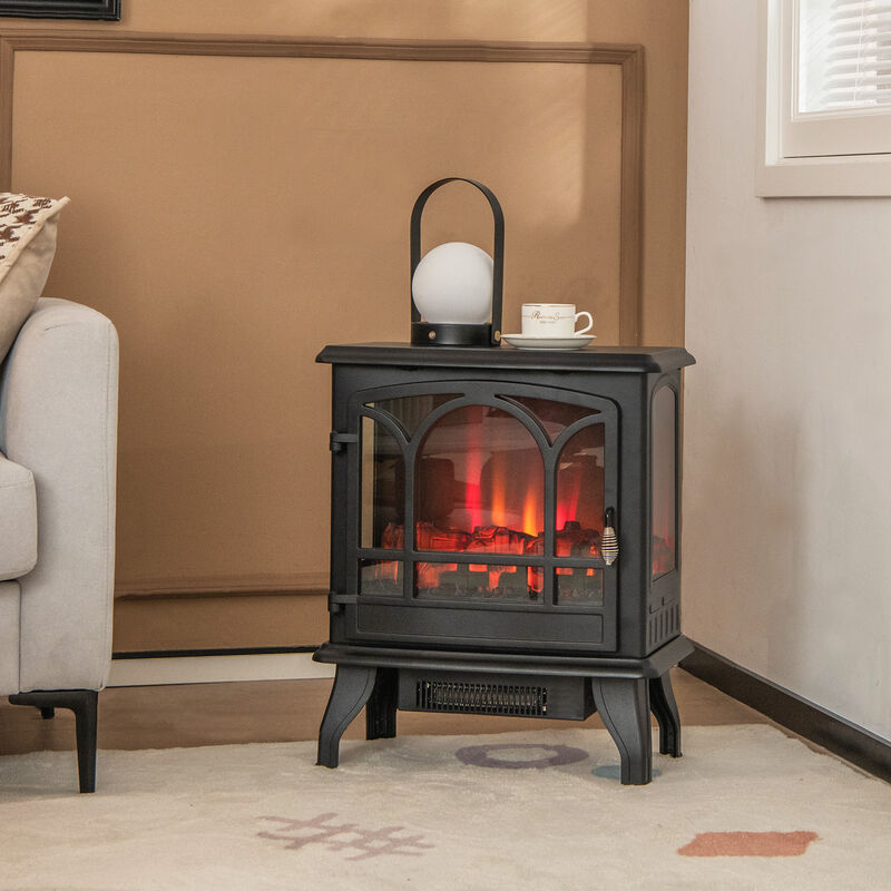 1400W Electric Stove Heater with 3-Level Flame Effect and 3-Sided View-Black