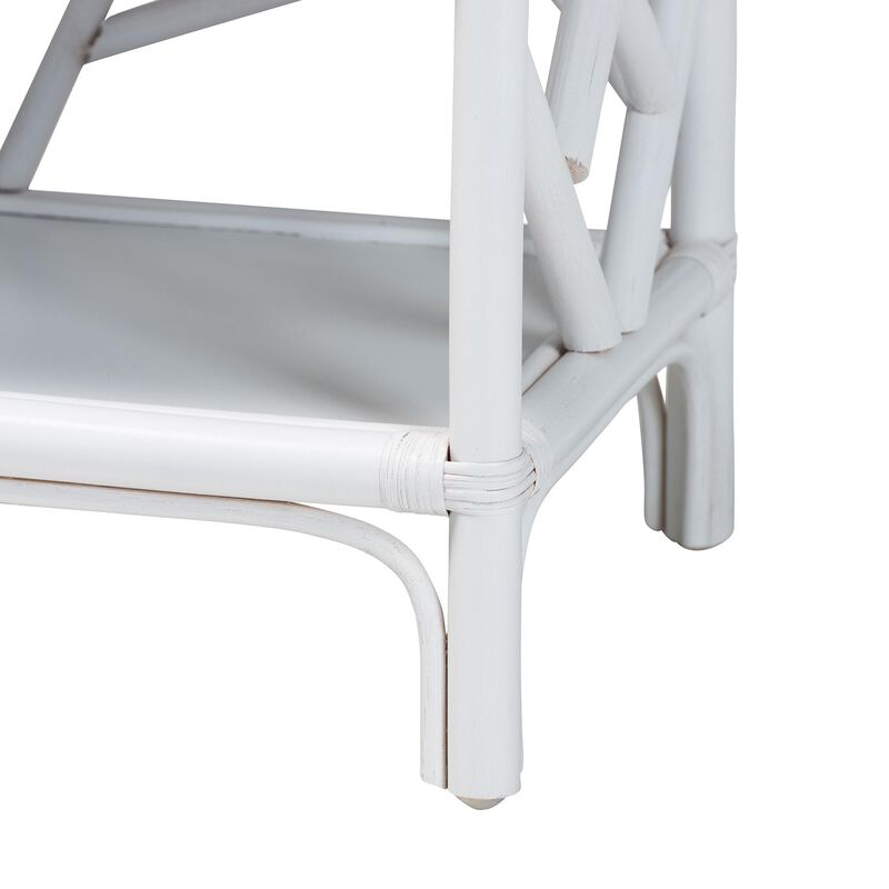 bali & pari Daina Natural Rattan Nightstand with Drawer and Open Shelves– Coastal Bedside Table with Geometric Design, White