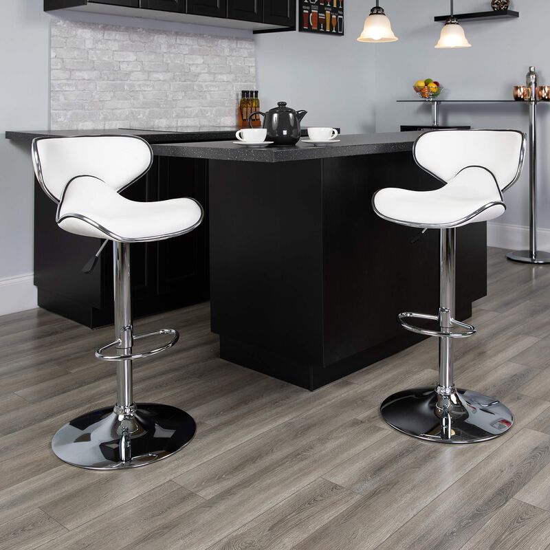 Flash Furniture Devin Contemporary Cozy Mid-Back White Vinyl Adjustable Height Barstool with Chrome Base image number 1