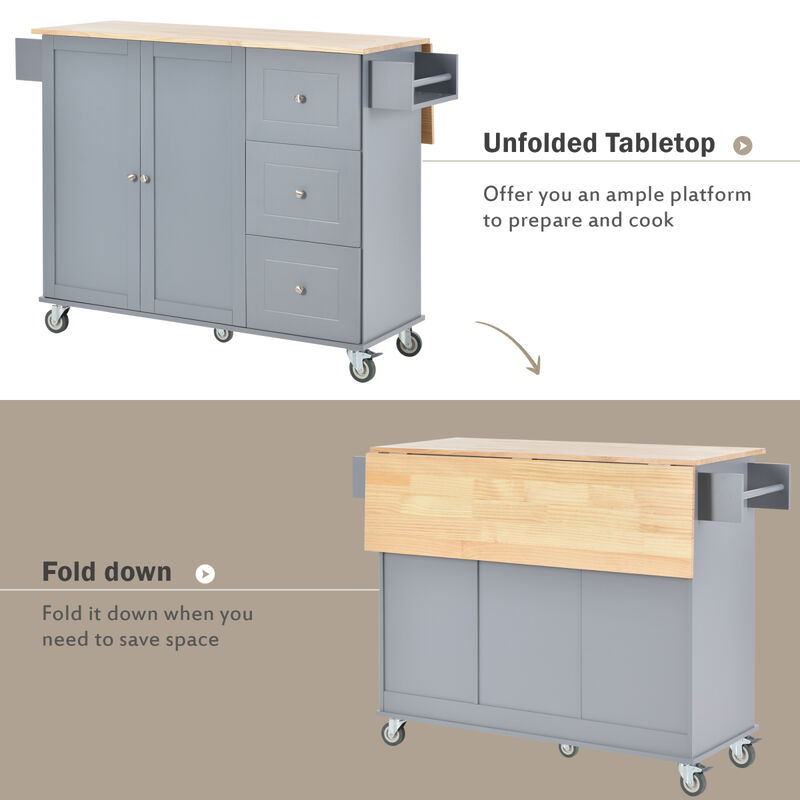Rolling Mobile Kitchen Island with Solid Wood Top and Locking Wheels, 52.7 Inch Width, Storage Cabinet and Drop Leaf Breakfast Bar, Spice Rack, Towel Rack & Drawer (Grey Blue)