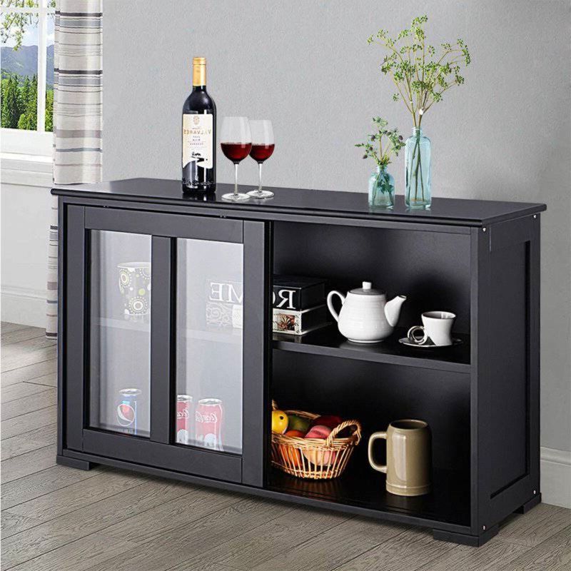 QuikFurn Black Sideboard Buffet Dining Storage Cabinet with 2 Glass Sliding Doors
