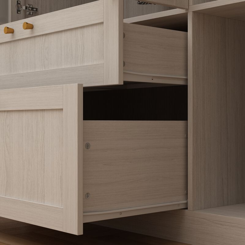 FUFU&GAGA Modern White Wardrobe with Frosted Glass Doors, Gold Accents, 4 Drawers, and Hanging Rail &ndash; Customizable L-Shape/U-Shape Closet System, (94.5" L x 19.9" W x 70.9" H),White