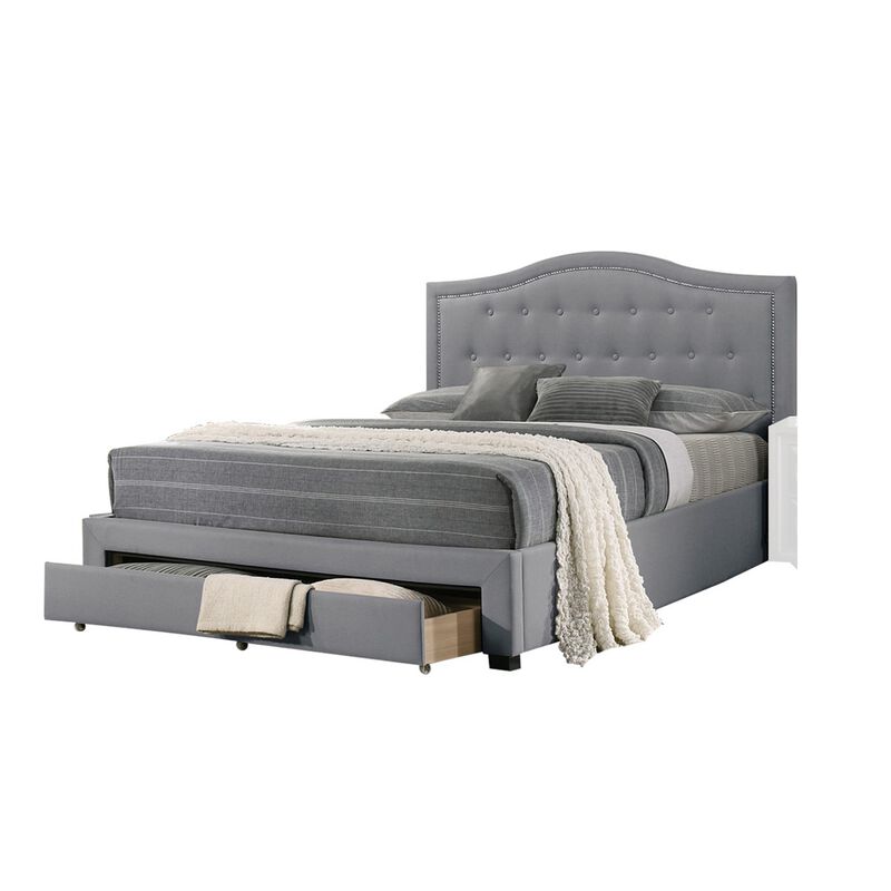 Sey California King Bed w Storage Drawer, Light Gray Burlap Upholstery - Benzara