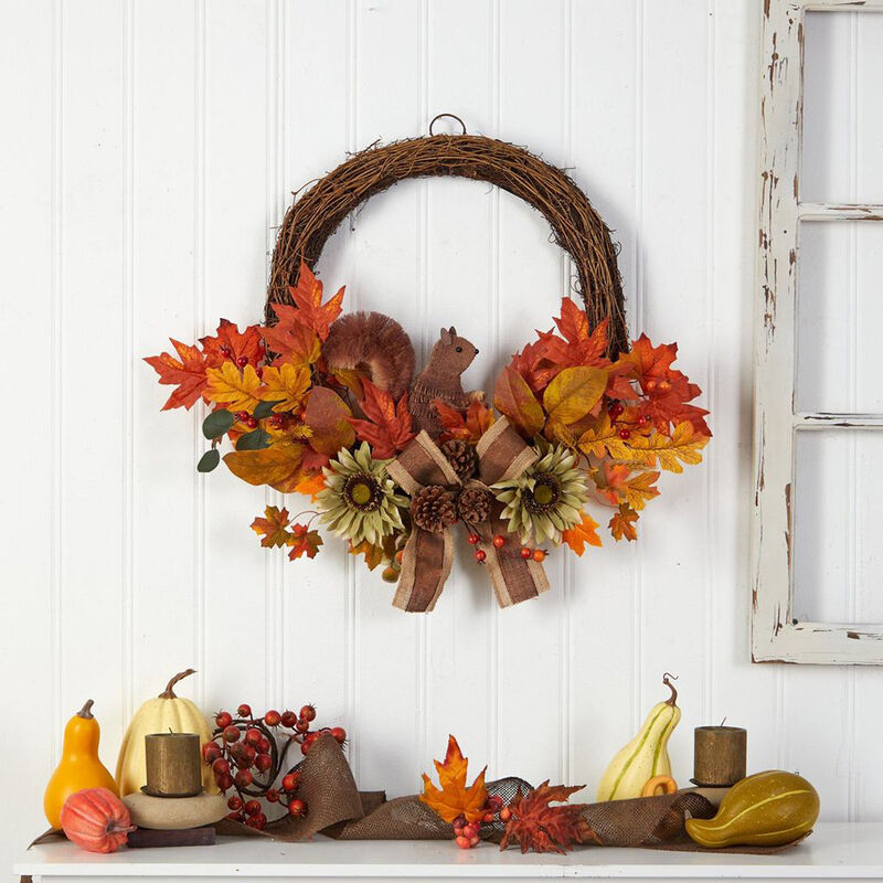 Nearly Natural 26-in Fall Harvest Artificial Autumn Wreath with Twig Base and Bunny