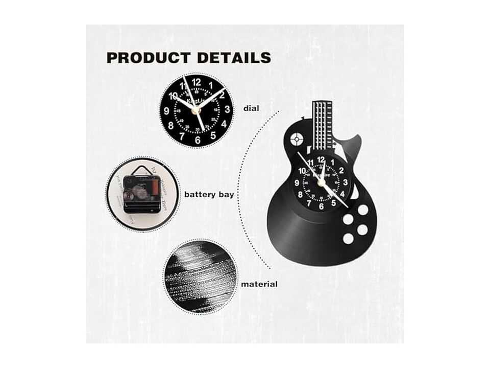 Guitar Vinyl Music Lovers Studio Wall Clock 30 Cm Silent Non Ticking Black