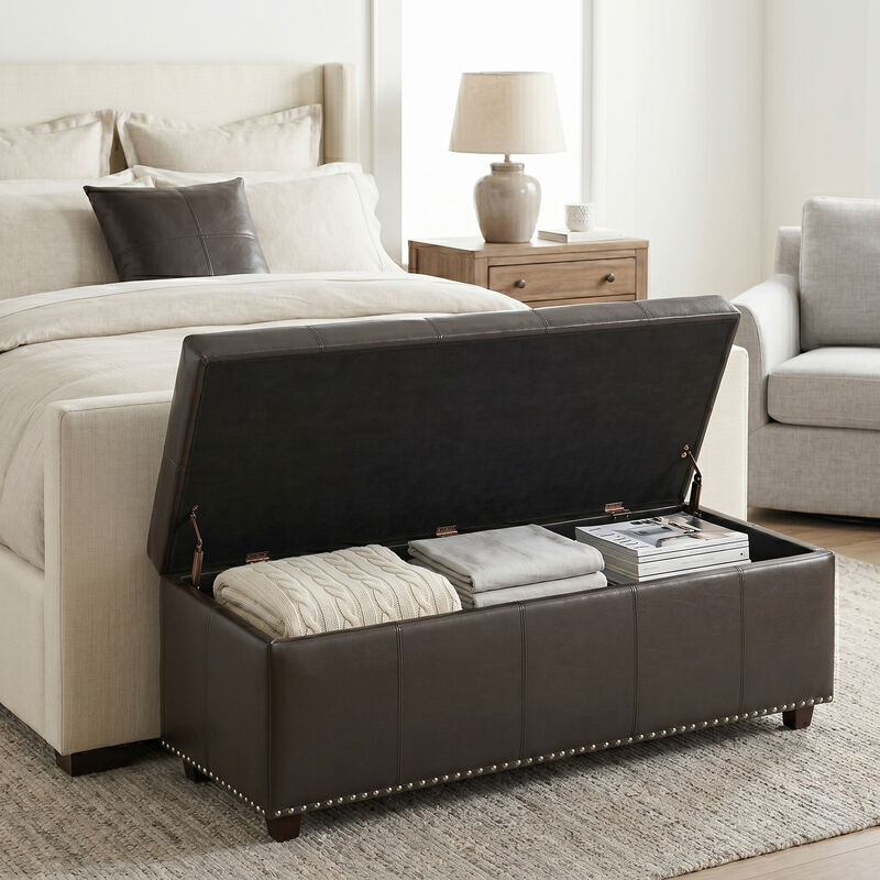 Kingsley 48 inch Wide Transitional Rectangle Large Storage Ottoman in Coffee Brown Vegan Faux Leather, Assembled image number 2