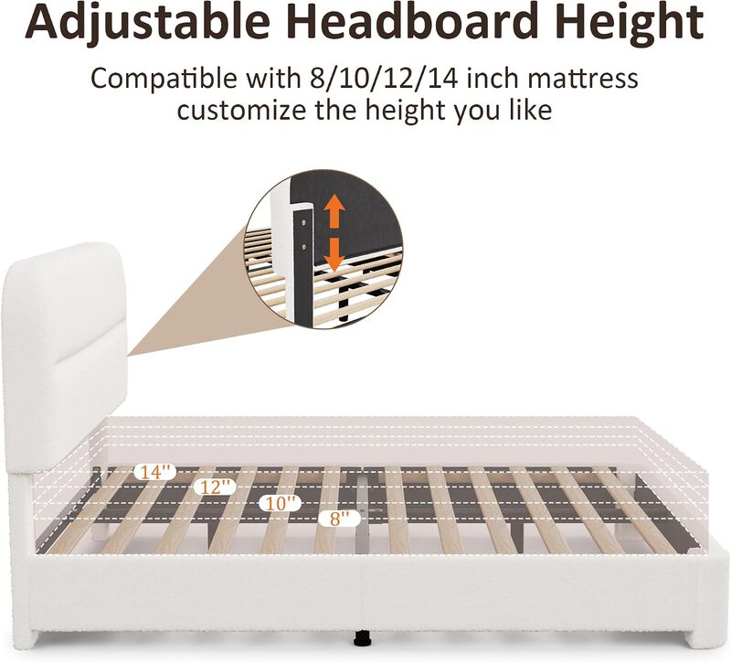 Vipbear Upholstered Boucle Platform Bed Frame with Adjustable Wide Headboard, Wooden Slats, White image number 6