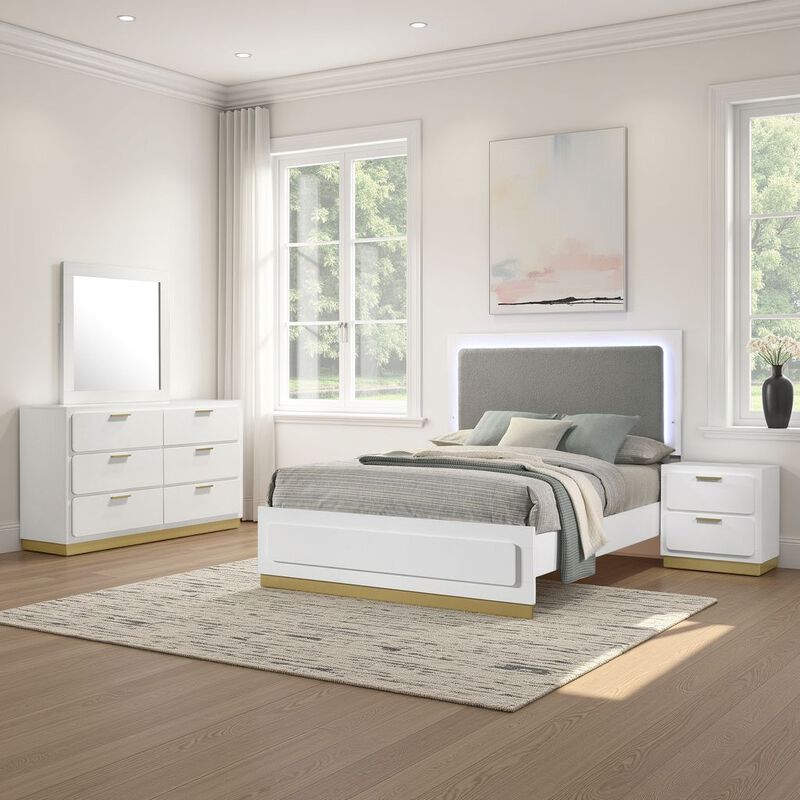 Caer 4pc Queen Bedroom Set in White, Gold Accents, Gray Upholstery