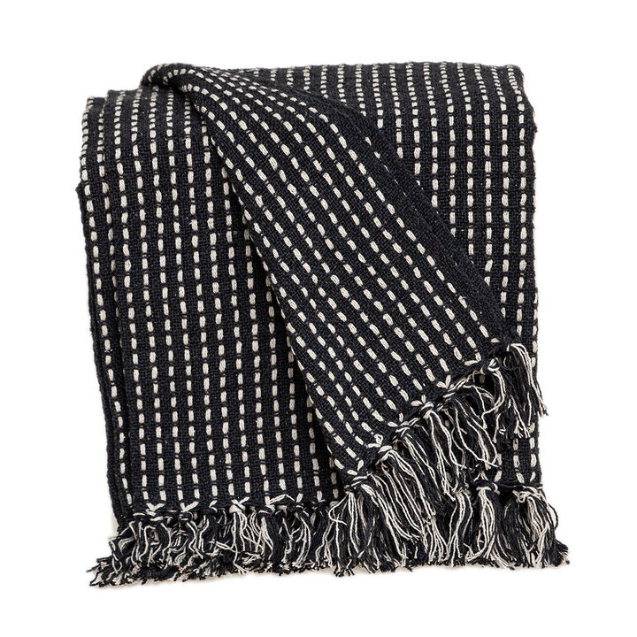 HomeRoots 52" X 67" Black and White Woven Cotton Striped Throw Blanket with Tassels