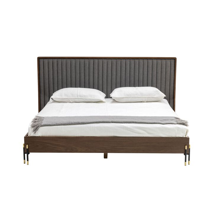 Noe Sia King Size Platform Bed, Channel Tufted Upholstery, Gray, Brown - Benzara