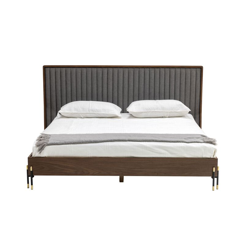 Noe Sia King Size Platform Bed, Channel Tufted Upholstery, Gray, Brown - Benzara