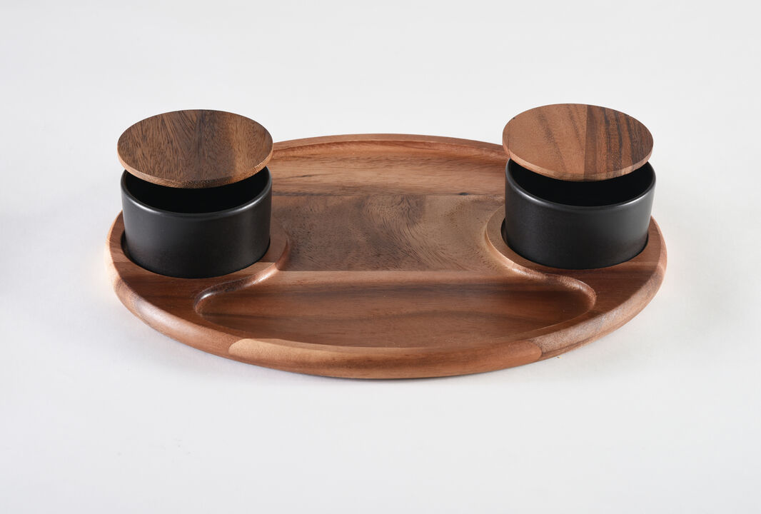 Charcuterie/ Serving Tray w/ 2 black ceramic bowls w/ lids
