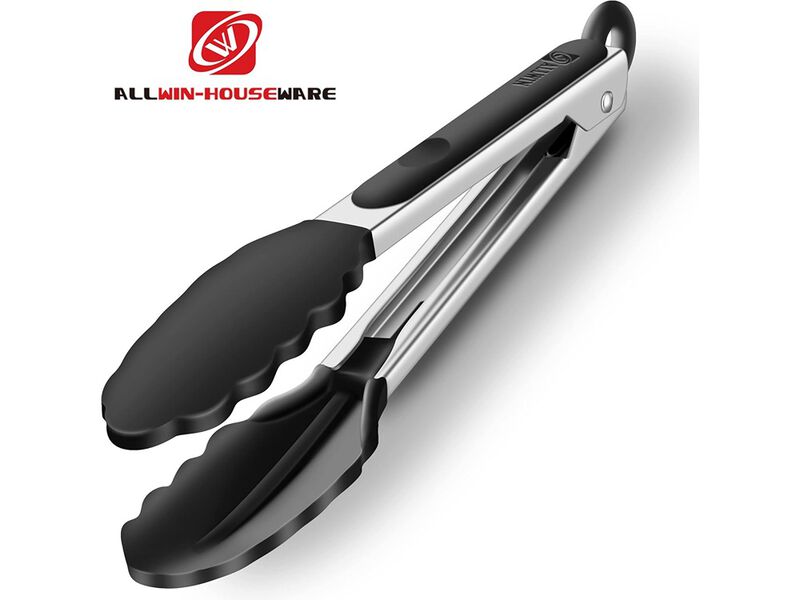 ALLWIN-HOUSEWARE W 2 Pack Black Kitchen Tongs, Premium Silicone BPA Free Non-Stick Stainless Steel