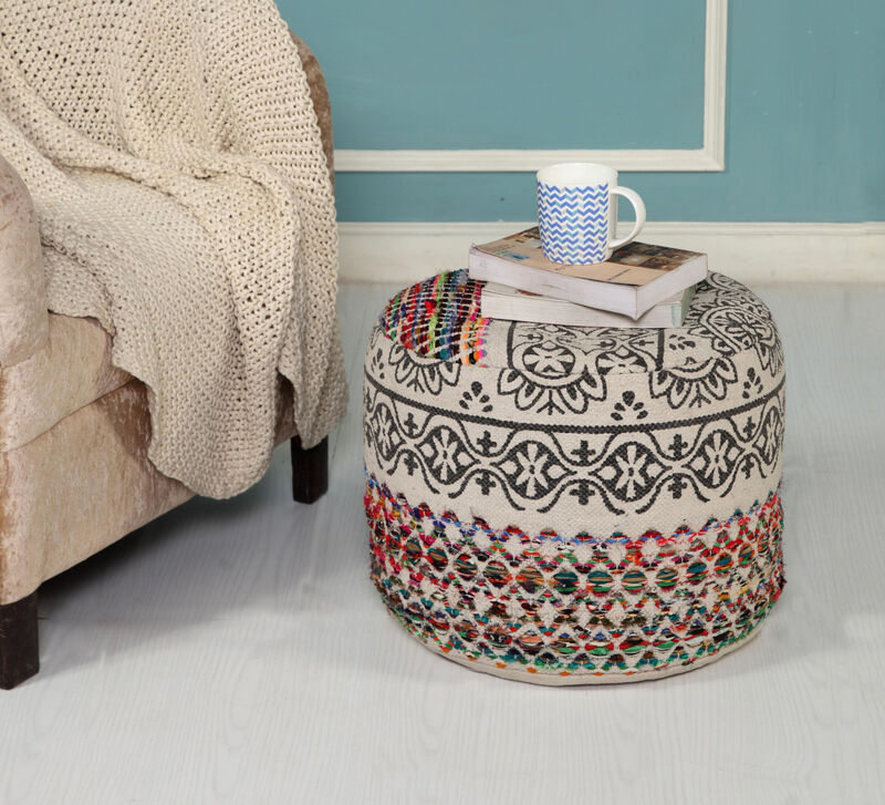 Upholstered Cylinder Pouf – Geometric Round Ottoman Footstool for Bedroom
