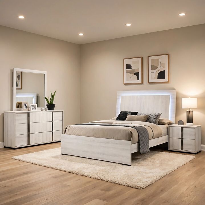 Hyao 4pc Queen Bedroom Set w LED Headboard, Whitewash, Dresser Mirror