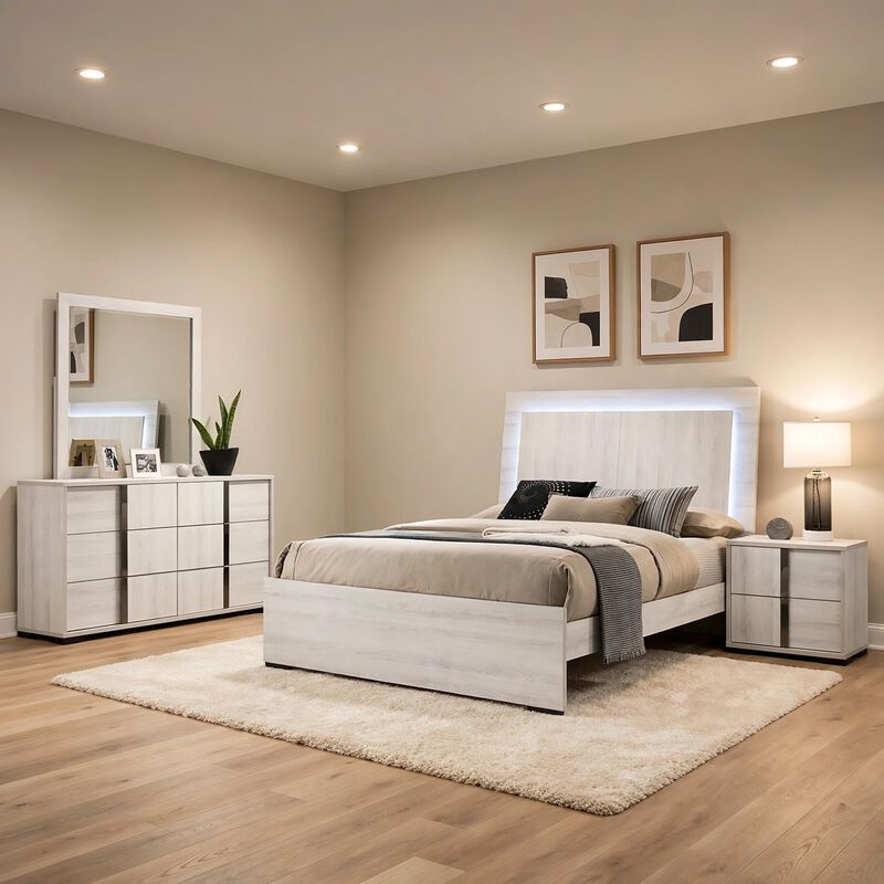 Hyao 4pc Queen Bedroom Set w LED Headboard, Whitewash, Dresser Mirror image number 1