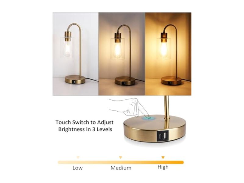 Dimmable LED USB C Glass Brass Nightstand Lamps Set Of 2 For Living Room Bedroom image number 3