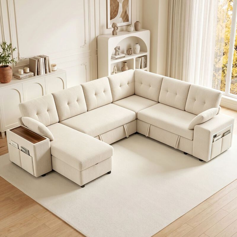Vipbear 112" U-Shaped 7-Seat Modular Chenille Sectional Sleeper Sofa, Pull Out Bed Reclining Couch image number 7