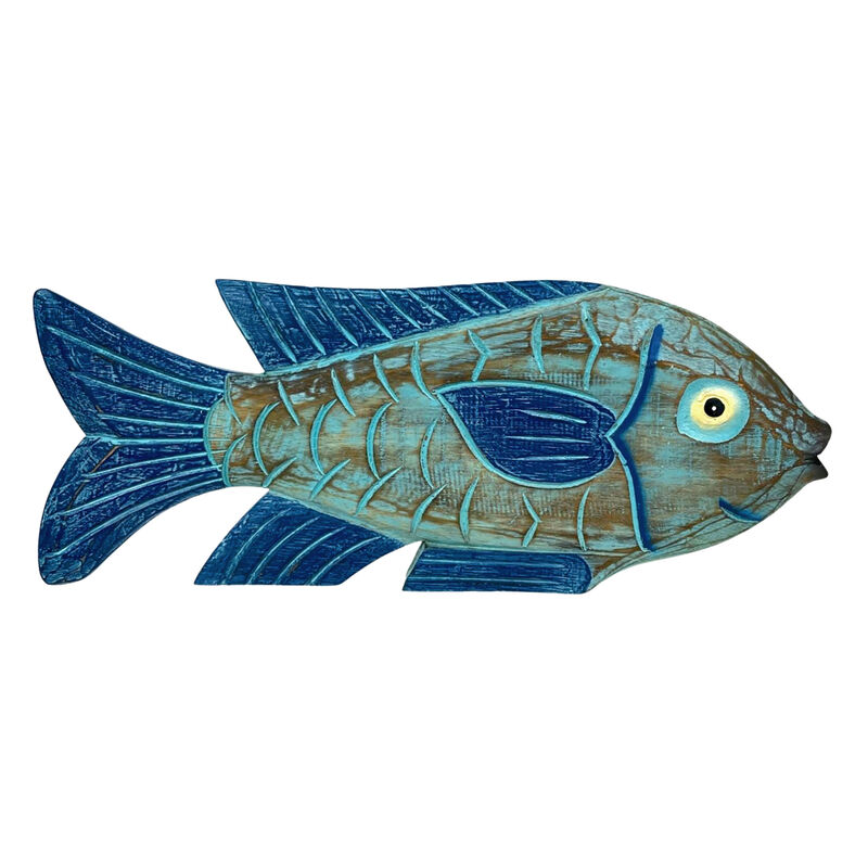 Hand Carved Blue Wooden Fish Statue 19" Nautical Coastal Decor Wood Accent image number 0