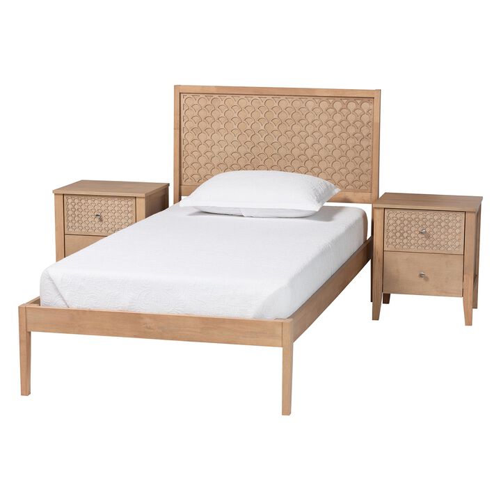 Baxton Studio Lara Twin 3-Piece Bedroom Set - Modern Wood Bed Frame with Matching Nightstands, Decorative Laser-Cut Headboard Overlay